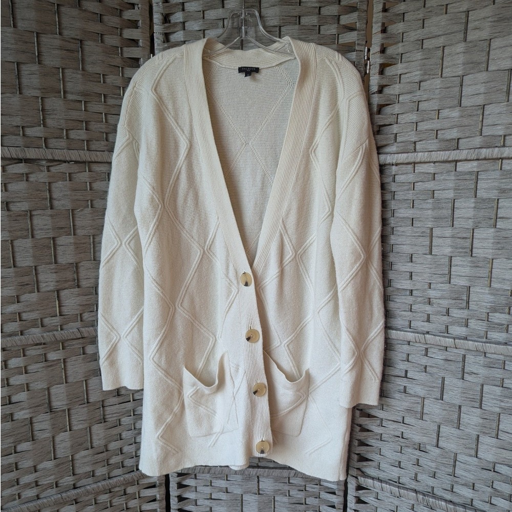 Talbots Longline Cardigan Cream Diamond Knit Merino Wool Cashmere Blend Sz XL